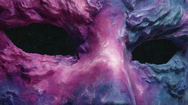 Inside a giant masquerade mask showing intricate details and textures