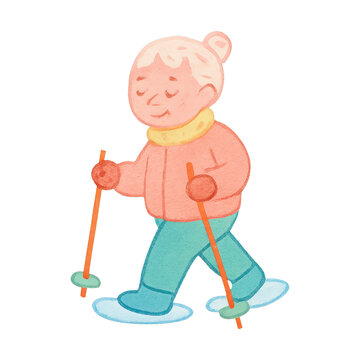 PNG Elderly skiing winter activity illustration.