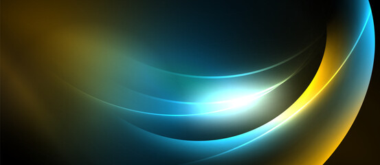 Abstract design features flowing curves, vibrant colors. Bright light emanates from center, creating dynamic visual effect. Smooth gradients dominate composition.
