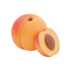 3D peach icon with whole fruit and sliced half showing pit, soft gradient orange illustration, fresh stone fruit design