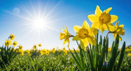 Bright yellow daffodils bloom vibrantly under a clear blue sky with a radiant sun, symbolizing the arrival of spring and new beginnings