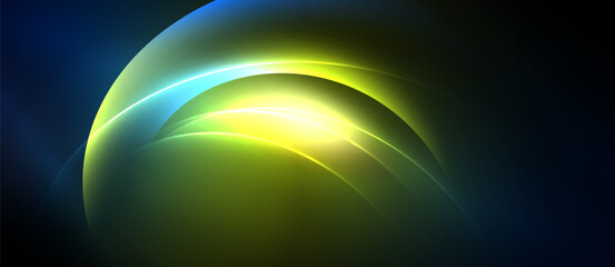 Fototapeta premium Abstract luminous curves blend, creating vibrant energy. Yellow glows radiate from center, contrasting dark background. Smooth gradients dominate composition.
