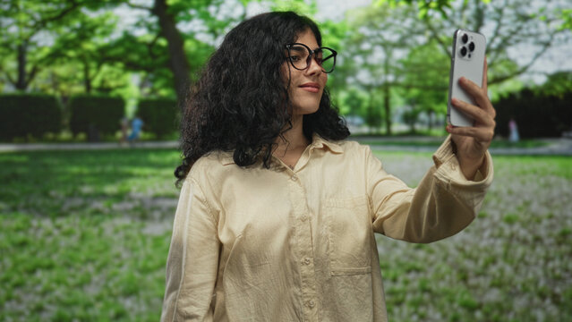 Woman holding smartphone and tapping screen while taking a selfie in a park with green trees and lawn; concentration reflection.