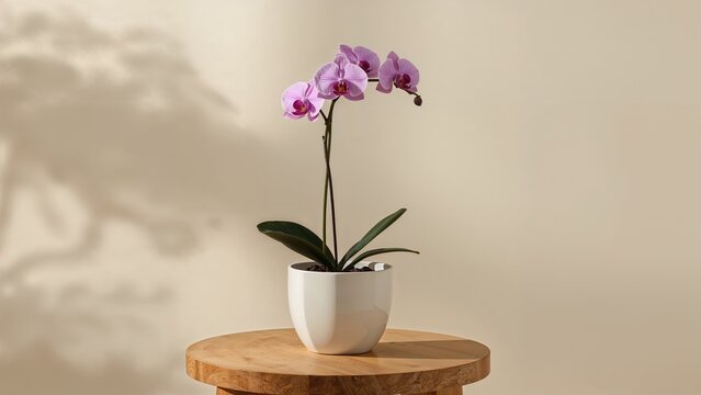 A potted orchid plant with pink flowers on a wooden surface with soft shadow and neutral background. - Powered by Adobe