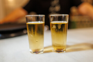 Celebrating with two glasses of chilled andalusian fino sherry
