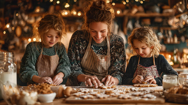 Happy family mother and kids in aprons making Christmas cookies together while cooking in kitchen at home. smiling children helping mom to decorate xmas gingerbreads during winter holidays.