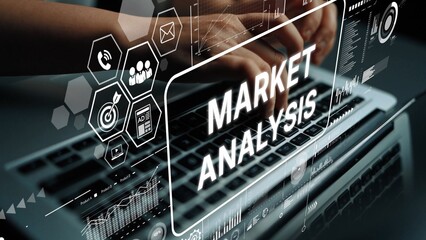 Professional laptop workspace with hands typing on keyboard, market analysis graphics and data visualization overlay. Asymptotic smart data analytic.