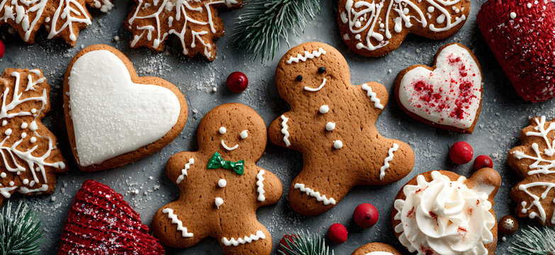 horizontal image, top view of cute gingerbread cookies and Christmas decorations. For banner, design, card, flyer, invitation, blog, menu, restaurant, social media, interior, recipe book