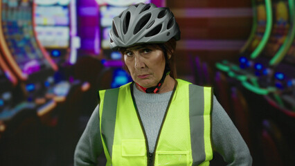 Senior woman wearing helmet in a casino setting with slot machines visible and a safety vest highlighting her presence indoors under bright lights suggesting a lively atmosphere.