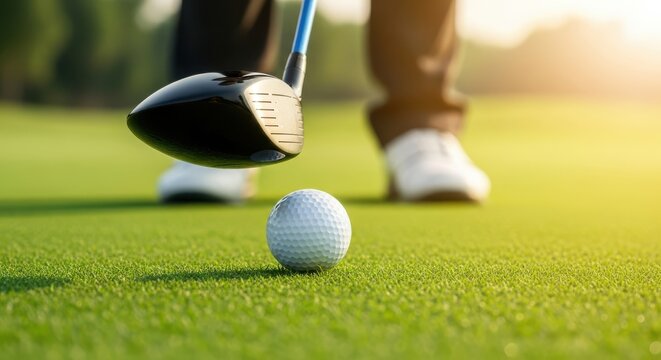 A golfer in white shoes and dark pants prepares to strike a white golf ball with a black driver club on a vibrant green golf course during a sunny day, capturing the focus and precision of the sport