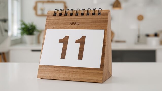 Calendar showing April 11 on a wooden desk calendar.