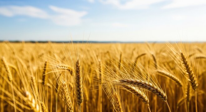 A closeup view of golden wheat stalks swaying gently in a vast field under a bright blue sky with scattered clouds, showcasing the ripeness and abundance of the agricultural harvest