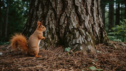 A squirrel sitting at the base of a tree trunk in a forest setting, with surrounding greenery and pine needles covering the ground.