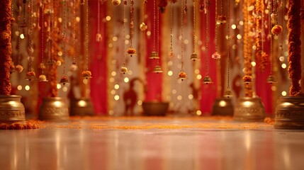 Navratri festival background, Buddhist religious ceremony in the temple, close-up.  golden garlands and red background, selective focus, golden temple bells, and marigold garlands.