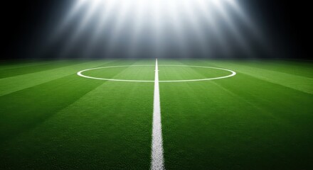 A brightly lit soccer field with vibrant green grass, white markings, and stadium spotlights shining down, showcasing a professional sports arena ready for a match