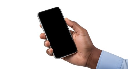 Close up of a person s hand holding a modern smartphone with a blank black screen