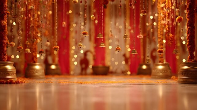 Navratri festival background, Buddhist religious ceremony in the temple, close-up.  golden garlands and red background, selective focus, golden temple bells, and marigold garlands.