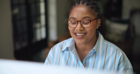 Woman, video call and virtual meeting with computer for online discussion or chat in home. Female person, remote work or freelancer talking with glasses for webinar, conversation or communication - Powered by Adobe