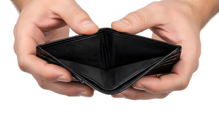 Hands holding an empty black wallet showing no money inside