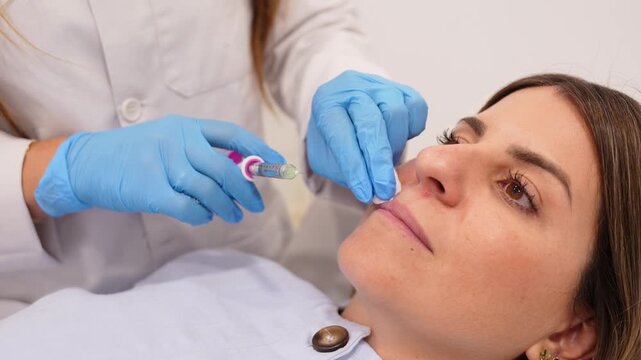 Professional beautician in blue gloves making a cosmetic lip augmentation procedure for a female patient in a beauty salon