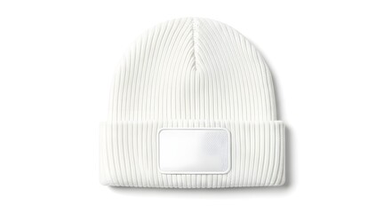 Plain white knitted beanie hat with blank label for customization