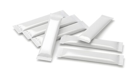 Pile of blank white individual sachets or stick packs on a white background
