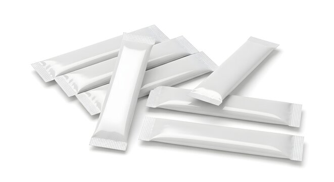 Pile of blank white individual sachets or stick packs on a white background