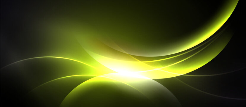 Abstract yellow curves radiate from bright center. Dark background emphasizes flowing lines, creating dynamic visual effect.