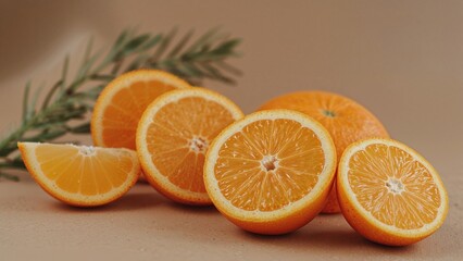 Fototapeta premium Fresh oranges sliced open with peel, arranged with sprig of pine or fir, on beige background, close-up.