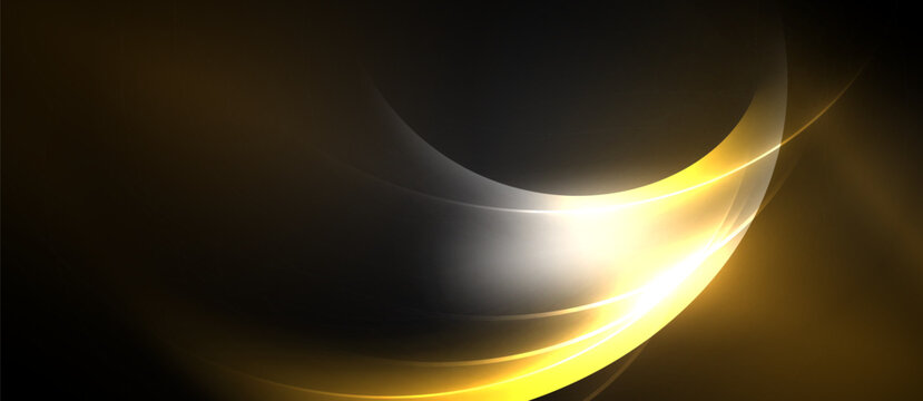 Abstract golden curves flow, creating dynamic light effect. Dark background emphasizes bright central glow, smooth gradients present.