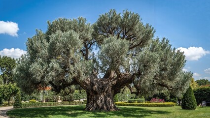 Fototapeta premium A large ancient olive tree in a park with a well-maintained lawn and blue sky.