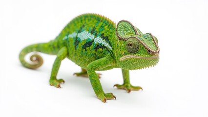 A chameleon with vibrant green and blue colors and a distinct eye pattern, showcasing its ability to blend into the environment.