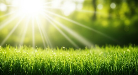 Fototapeta premium Sunlight shining through green trees onto a lush meadow with dew drops on the grass, creating a serene and vibrant natural landscape
