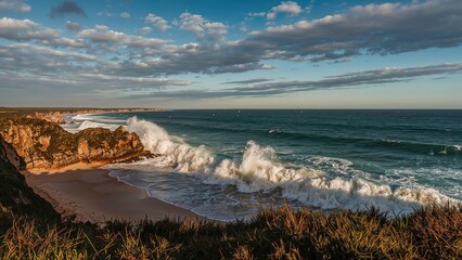 Obraz premium Coastal cliffs and waves crashing onto the beach with clouds in the sky. Nature and landscape, ocean scene. The seaside and natural environment.