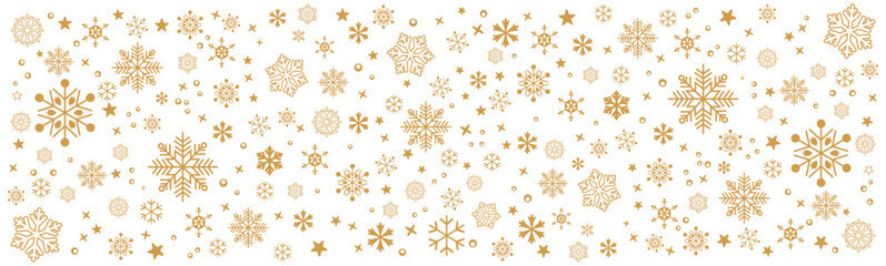 Elegant gold snowflakes, stars, circles, and x-shapes scattered on white background. Seamless festive pattern perfect for winter decor, holiday wrapping paper, greeting cards, and seasonal design.