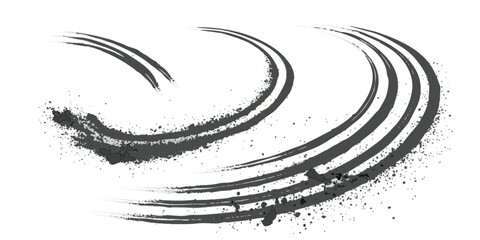 Dynamic tire tracks leaving dust and debris, abstract race driving symbol for speed