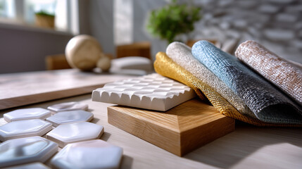 Defocused close-up of renovation textures—tiles, fabrics, wood patterns—on soft neutral surface, modern tone, with copy space.
