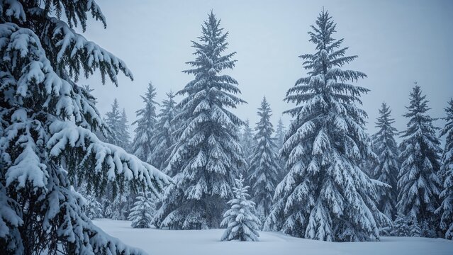 Snow-covered forest with pine trees during winter season, scenic landscape. Cold weather and snow scene. Nature and winter environment. - Powered by Adobe