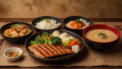 A variety of Korean dishes including grilled fish, rice, soup, and side dishes served in black bowls on a wooden table.