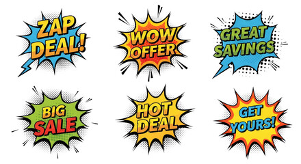 Explosive sale graphics grab attention with 'Zap Deal,' 'Wow Offer,' 'Great Savings,' 'Big Sale,' 'Hot Deal,' and 'Get Yours!' calls to action