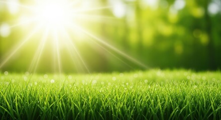 Vibrant green grass field with dew drops and bright sun rays shining through lush green trees in the background, evoking a sense of freshness and natures beauty on a clear day
