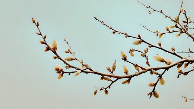 Delicate tree branches with budding leaves against a soft sky a serene nature scene perfect for springtime themes and backgrounds