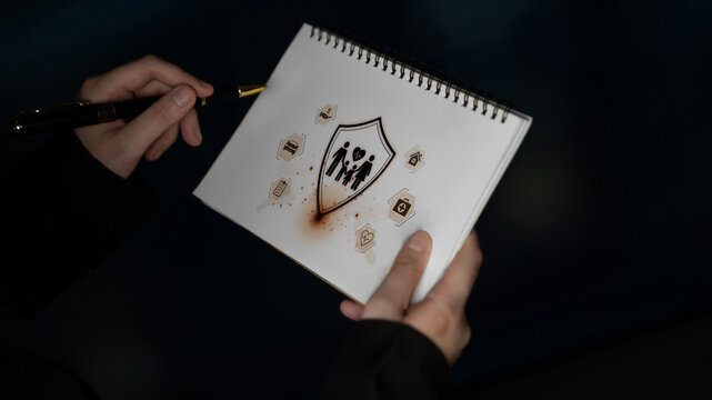Concept of comprehensive insurance coverage and financial planning. A policy that provides life, health, and asset protection for a family's security and risk management. Fermion