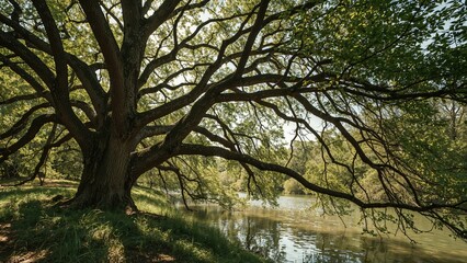 Fototapeta premium Tree and water scene with branches, leaves, and reflections. Nature and landscape. Tranquil outdoor environment with lush greenery and a calm river.