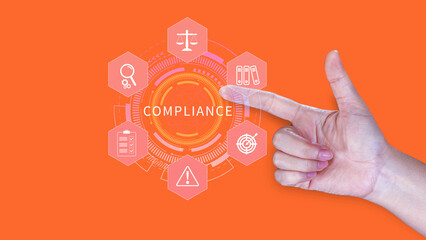 Compliance. Compliance concept with icons and text. Regulations, law, standards, requirements, Rule, audit diagram on virtual screen, Business internet technology