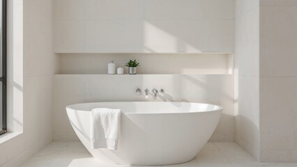Fototapeta premium A modern bathroom with a white freestanding bathtub, a towel hanging on the edge, and minimal decor, featuring natural light and neutral tones.