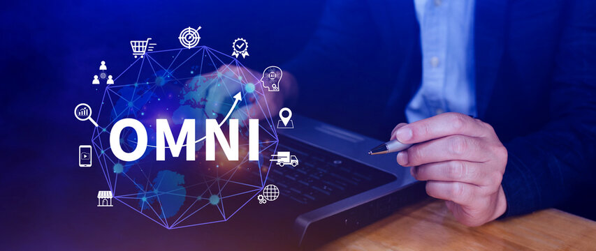 Omni Channel marketing Concept, Digital representation of OMNI CHANNEL marketing, e-commerce, delivery, social media marketing, analytics, customer service engagement.