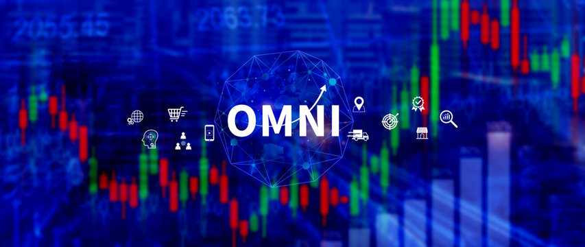 Omni Channel marketing Concept, Digital representation of OMNI CHANNEL marketing, e-commerce, delivery, social media marketing, analytics, customer service engagement.