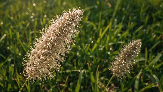 Close-up of the fluffy seed heads of grass or reed plants in a green field during daylight. - Powered by Adobe