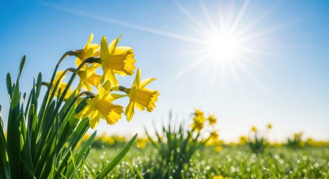 Closeup of bright yellow daffodils in full bloom under a radiant sun, with a field of more flowers stretching into the distance on a clear, sunny spring day, showcasing the beauty of natures awakening